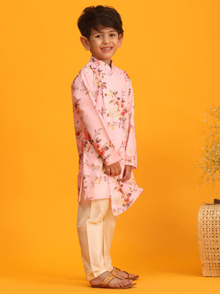 VASTRAMAY Boy's Pink Floral Printed Angrakha Kurta with Cream Solid Pyjama Set