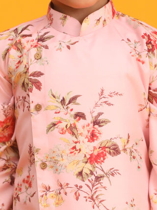 VASTRAMAY Boy's Pink Floral Printed Angrakha Kurta with Cream Solid Pyjama Set