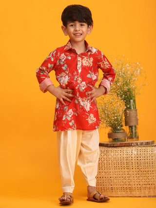 VASTRAMAY Boy's Red Floral Printed Kurta with Cream Solid Pyjama Set