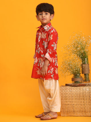VASTRAMAY Boy's Red Floral Printed Kurta with Cream Solid Pyjama Set