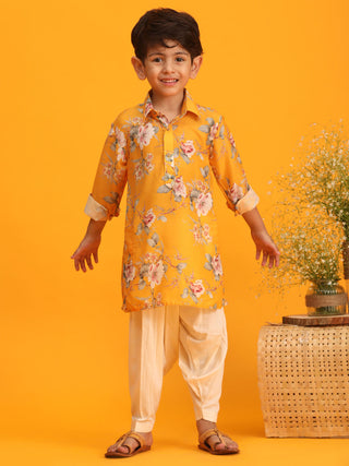 VASTRAMAY Boy's Yellow Floral Printed Kurta with Cream Solid Pyjama Set