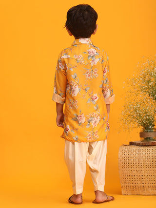 VASTRAMAY Boy's Yellow Floral Printed Kurta with Cream Solid Pyjama Set
