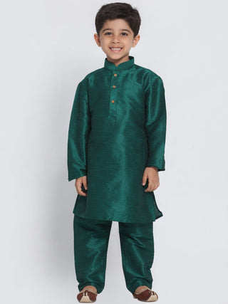 Boys' Green Cotton Silk Blend Kurta and Pyjama Set