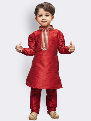 Boys' Maroon Cotton Silk Kurta and Pyjama Set