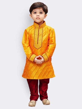 Boys' Orange Cotton Silk Kurta and Pyjama Set