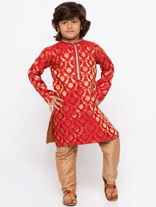 Boys' Red Cotton Silk Kurta and Pyjama Set
