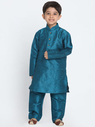 Boys' Blue Cotton Silk Blend Kurta and Pyjama Set