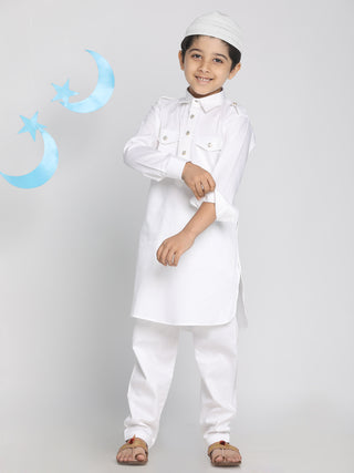 Baap Beta White Cotton Pathani Kurta & Pyjama Set