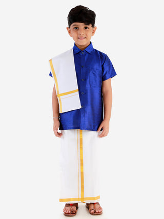 VASTRAMAY Boys' Blue Silk Short Sleeves Ethnic Shirt Mundu Vesty Style Dhoti Pant Set
