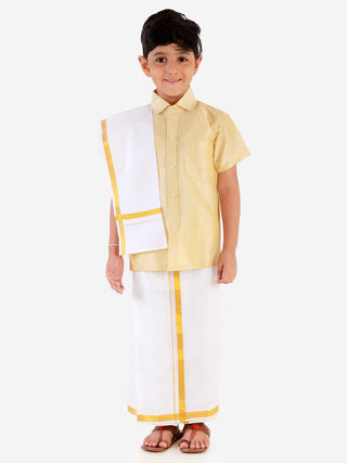 VASTRAMAY Boys' Gold Silk Short Sleeves Ethnic Shirt