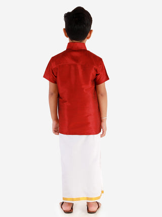 VASTRAMAY Boys' Maroon Silk Short Sleeves Ethnic Shirt Mundu Vesty Style Dhoti Pant Set