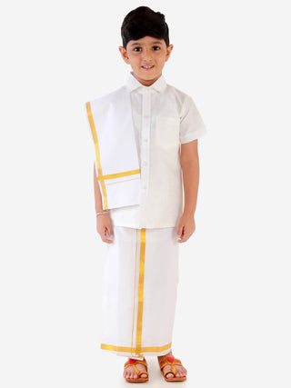 VASTRAMAY Boys' White Silk Short Sleeves Ethnic Shirt Mundu Vesty Style Dhoti Pant Set