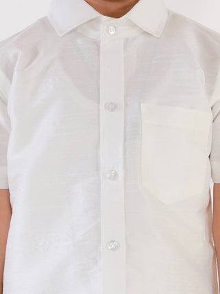 VASTRAMAY Boys' White Silk Short Sleeves Ethnic Shirt Mundu Vesty Style Dhoti Pant Set