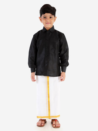 VASTRAMAY Boys' Black Silk Long Sleeves Ethnic Shirt Mundu Vesty Style Dhoti Pant Set
