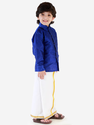 VASTRAMAY Boys' Blue Silk Long Sleeves Ethnic Shirt Mundu Vesty Style Dhoti Pant Set