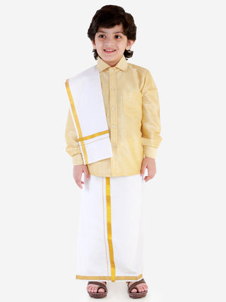 VASTRAMAY Boys' Gold Silk Long Sleeves Ethnic Shirt Mundu Vesty Style Dhoti Pant Set
