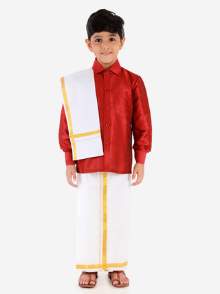 VASTRAMAY Boys' Maroon Silk Long Sleeves Ethnic Shirt Mundu Vesty Style Dhoti Pant Set