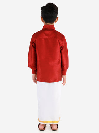 VASTRAMAY Boys' Maroon Silk Long Sleeves Ethnic Shirt Mundu Vesty Style Dhoti Pant Set