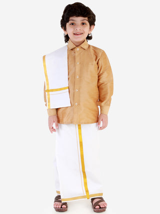VASTRAMAY Boys' Rose Gold Silk Long Sleeves Ethnic Shirt Mundu Vesty Style Dhoti Pant Set
