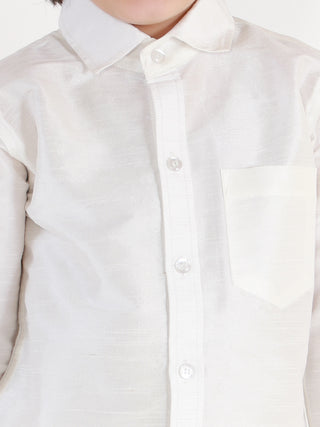 VASTRAMAY Boys' White Silk Long Sleeves Ethnic Shirt Mundu Vesty Style Dhoti Pant Set