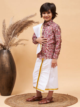 VASTRAMAY Boys' Multi Silk Long Sleeves Ethnic Shirt Mundu Vesty Style Dhoti Pant Set