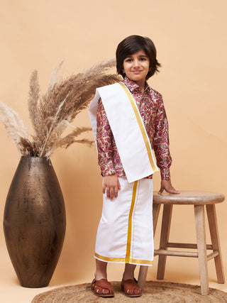 VASTRAMAY Boys' Multi Silk Long Sleeves Ethnic Shirt Mundu Vesty Style Dhoti Pant Set