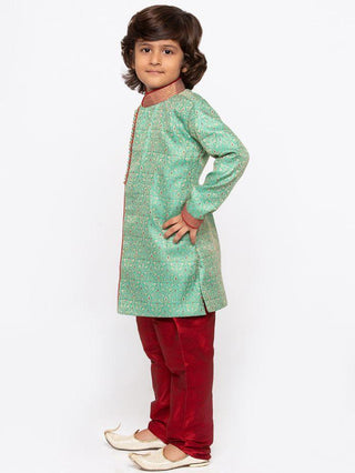 Boys' Green Cotton Silk Sherwani and Churidar Set