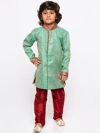 Boys' Green Cotton Silk Sherwani and Churidar Set