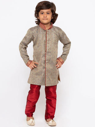 Boys' Grey Cotton Silk Sherwani and Churidar Set