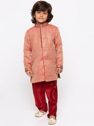 Boys' Pink Cotton Silk Sherwani and Churidar Set
