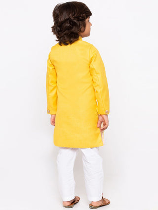 Boys' Yellow Cotton Silk Sherwani and Churidar Set