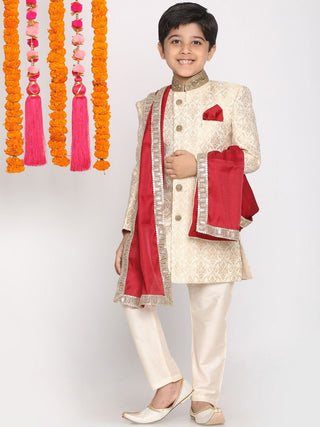VASTRAMAY Boys Beige & Cream Woven Design Sherwani Set With Maroon Dupatta