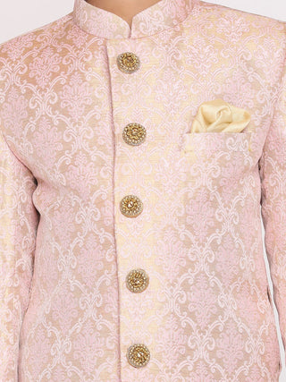VASTRAMAY Boys Pink & Gold-Colored Woven-Design Brocade Slim Fit Sherwani Set