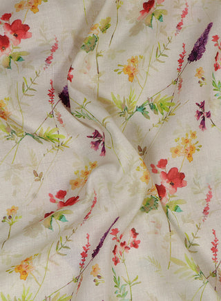 Floral printed Cream Cotton Linen Blend Fabric