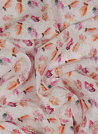 Floral printed White and Rose Pink Cotton Linen Blend Fabric