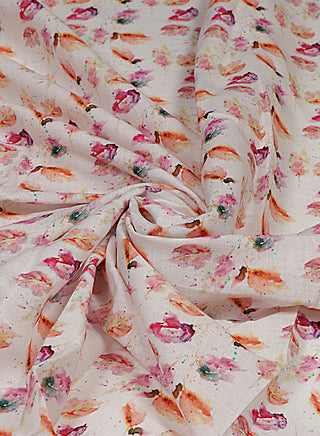 Floral printed White and Rose Pink Cotton Linen Blend Fabric