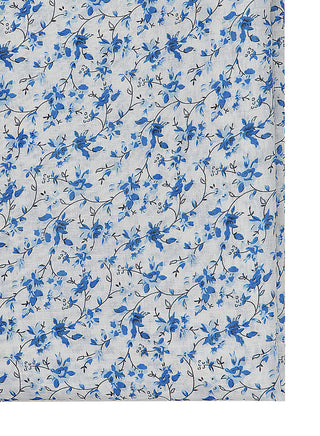 Floral Printed White And Blue Cotton Linen Blend Fabric
