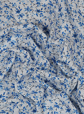 Floral Printed White And Blue Cotton Linen Blend Fabric