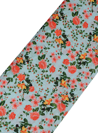 Floral printed Sky Blue and Peach Cotton Linen Blend Fabric