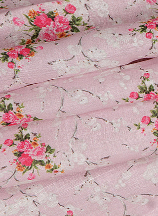 Floral printed Baby Pink and Rose Pink Cotton Linen Blend Fabric
