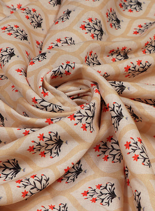 Floral printed Peach and Red Cotton Linen Blend Fabric