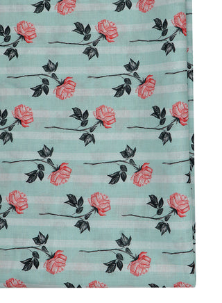 Floral printed Mint Green and Rose Pink Cotton Linen Blend Fabric
