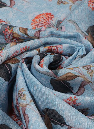 Floral printed Sky Blue and Orange Cotton Linen Blend Fabric