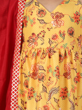 VASTRAMAY Girl's Yellow Floral Print Anarkali Kurta With Dupatta