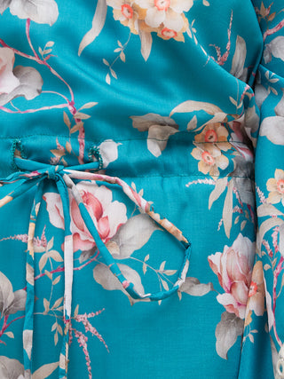 VASTRAMAY Girls Turquoise Blue Floral Printed Kaftan Kurta With Cream Pant Set