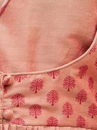 VASTRAMAY Girls Pink Anarkali Kurta Pyjama Set With Potli Bag