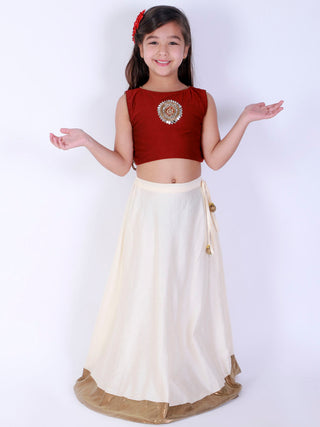 VASTRAMAY Girl's Maroon And White Viscose Crop Top With Skirt Set