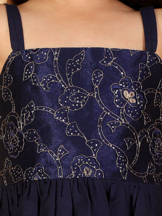 Vastramay Navy Blue Embroidered Silk Blend Siblings Set