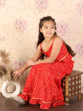 VASTRAMAY Girl's Maroon Bandhani Top And Long Skirt Set