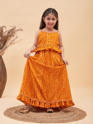 VASTRAMAY Girl's Orange Bandhani Top And Long Skirt Set